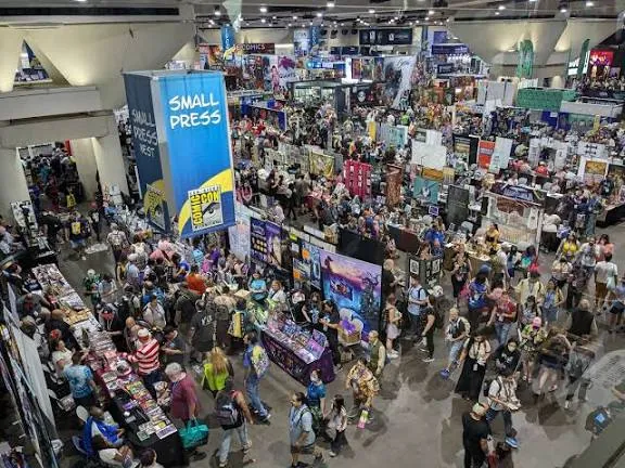Overhead view of the small press and creator area, where comic artists meet fans at their tables